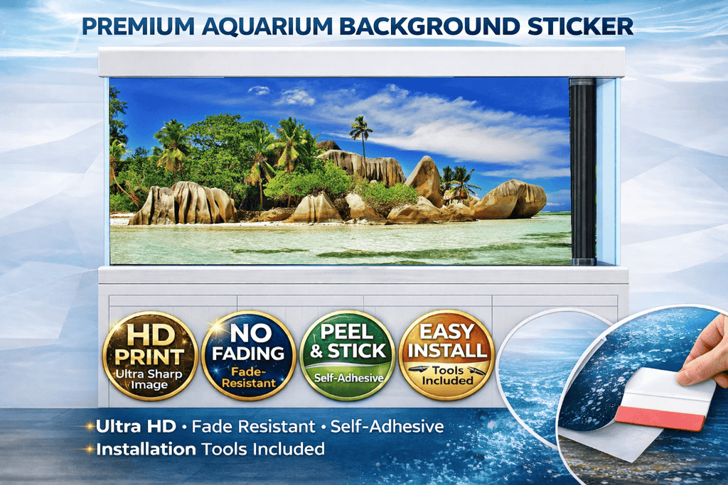 Ultra HD Tropical Island Aquarium background decal showing exotic beach scene with fish and coral for fish tank decor.