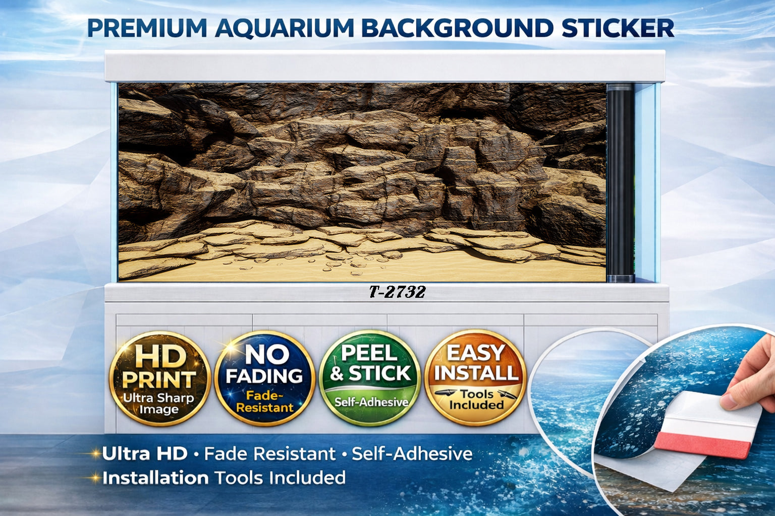 Natural sandstone rock cliff aquarium background sticker for fish tanks by Aquarium Background Trung3D, ultra HD decal.