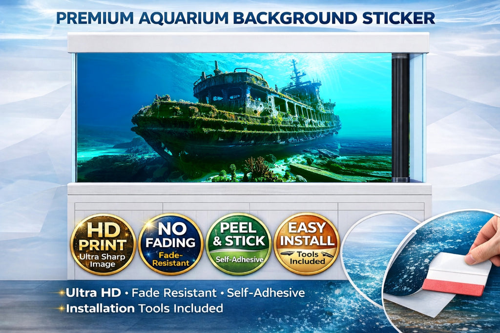 3D shipwreck aquarium background decal featuring an HD underwater scene for fish tanks, by Aquarium Background Trung3D.