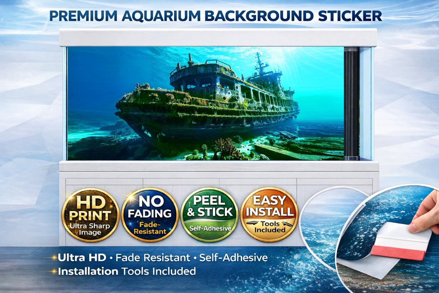 3D shipwreck aquarium background decal featuring an HD underwater scene for fish tanks, by Aquarium Background Trung3D.