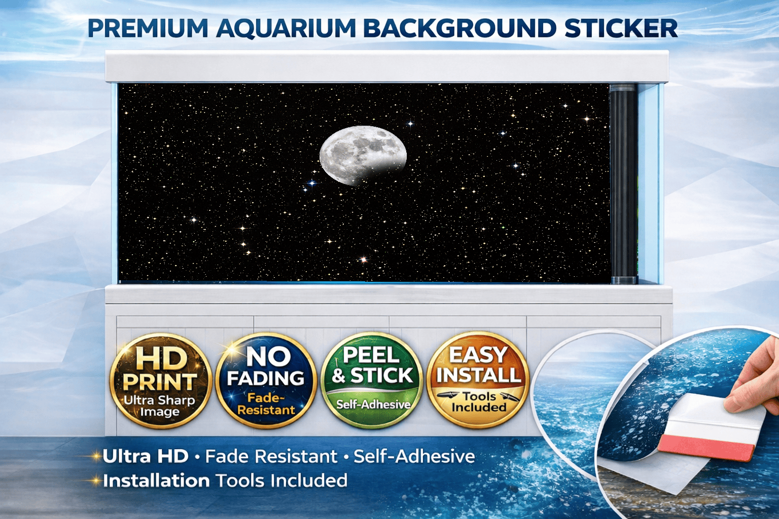 Ultra HD moon and stars galaxy aquarium background decal by Aquarium Background Trung3D, perfect for fish tanks and aquariums.