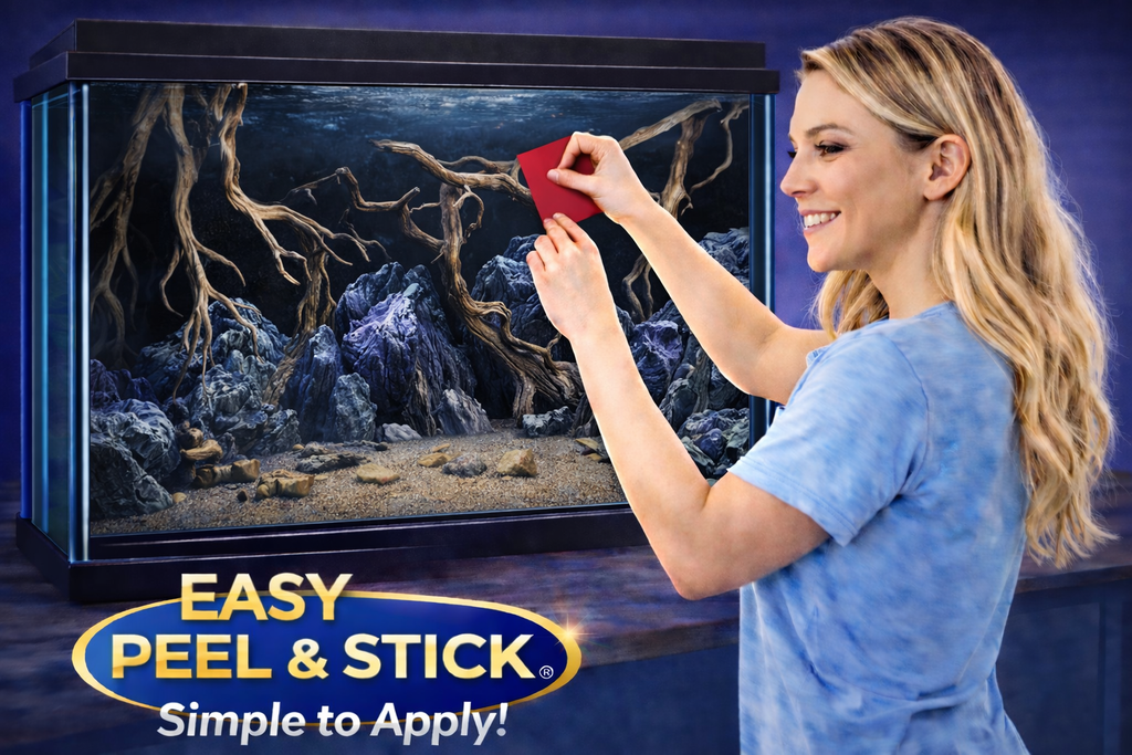 3D aquarium background decal featuring rocky mountain driftwood for a natural aquascape by Aquarium Background Trung3D.