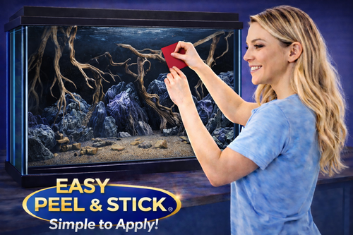 3D aquarium background decal featuring rocky mountain driftwood for a natural aquascape by Aquarium Background Trung3D.
