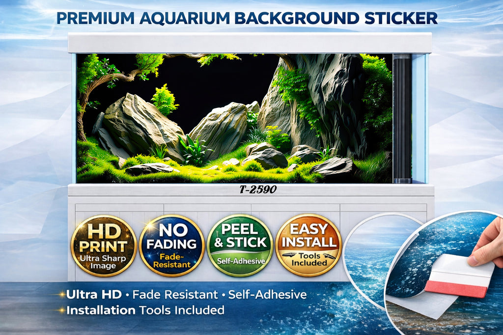 Lush Forest Rock aquarium background sticker by Trung3D, featuring ultra HD detail for a vibrant fish tank backdrop.