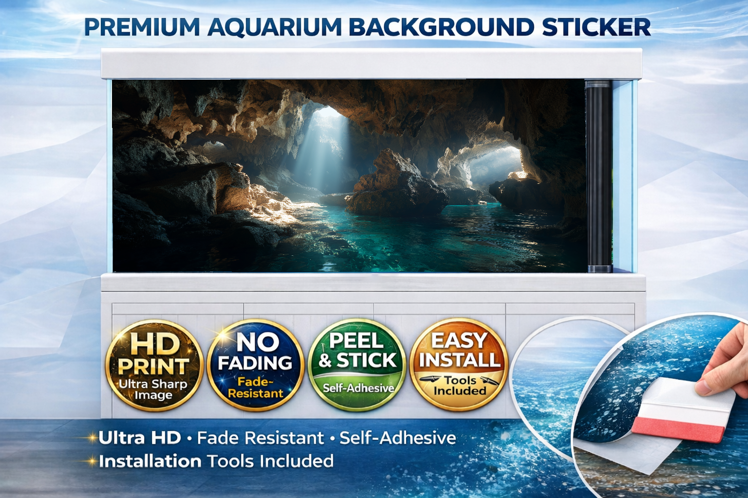 Crystal Lagoon Cave aquarium background decal by Aquarium Background Trung3D, featuring a 3D fish tank backdrop with vibrant lagoon cave design.