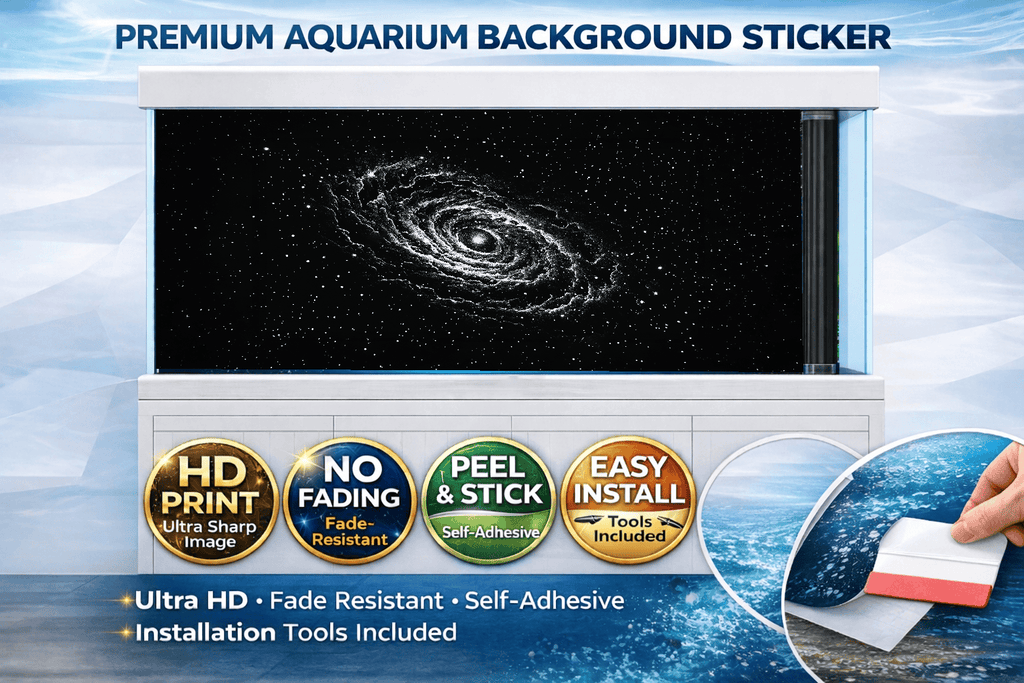 Black space-themed aquarium decal by Aquarium Background Trung3D featuring galaxy and fish tank design for wall decoration.