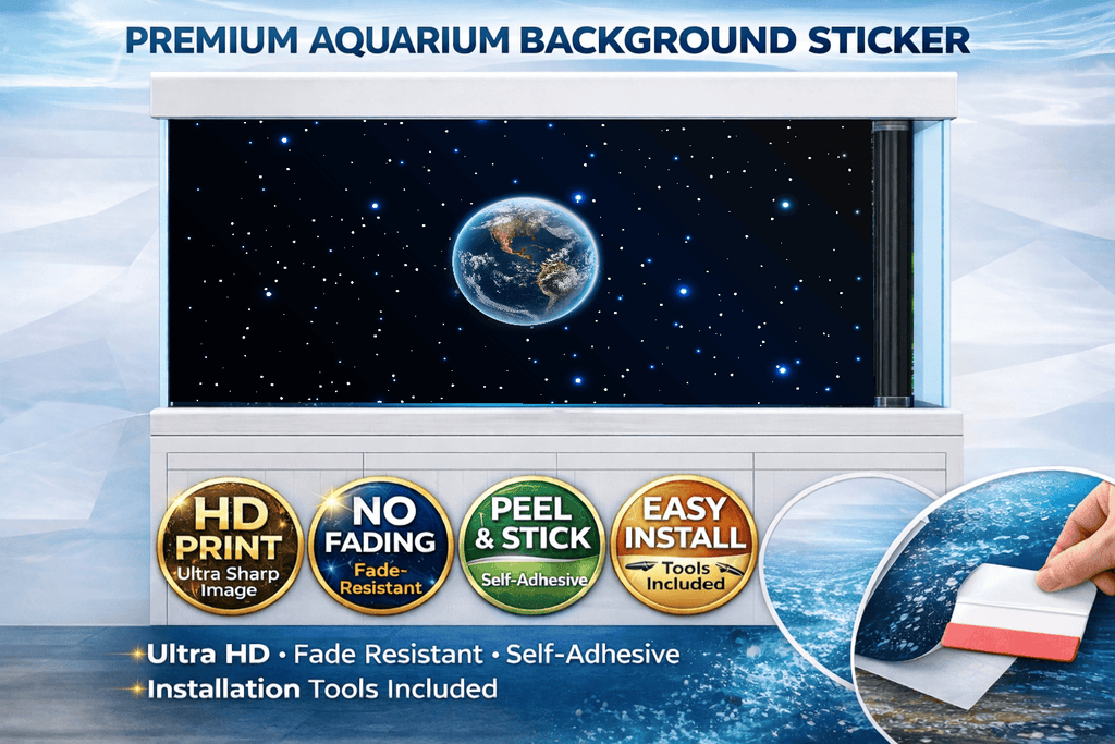 Ultra HD galaxy-themed fish tank background decal by Aquarium Backround Trung3D, featuring vibrant starry space design for aquariums.