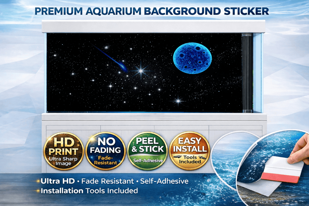 Blue Moon Aquarium Background Sticker featuring an ultra HD galaxy fish tank wallpaper decal by Aquarium Background Trung3D.