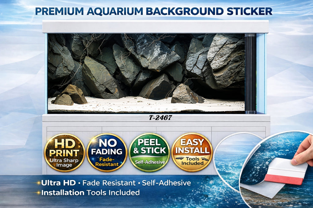 Natural rock cliff aquarium background sticker by Trung3D, featuring ultra HD design for fish tank decor.