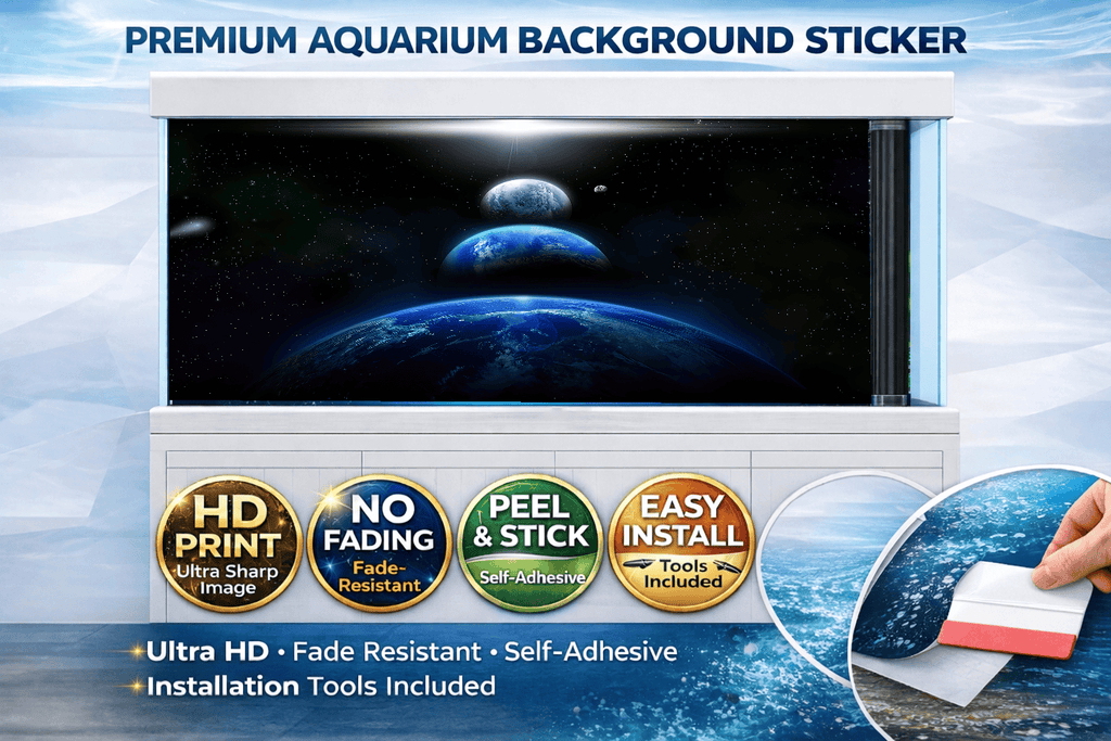 Decorative cosmic planet fish tank background decal by Aquarium Backround Trung3D, features vibrant space-themed images for aquariums.