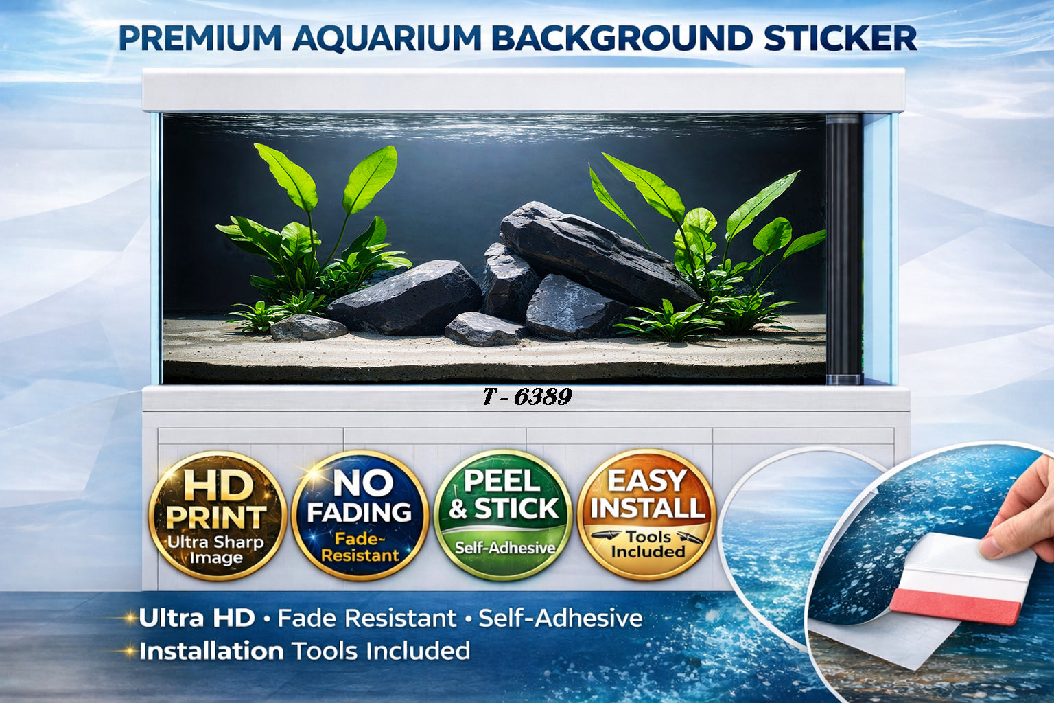 Realistic stone and plant aquascape decal for fish tanks by Aquarium Background Trung3D, featuring a peel and stick design.