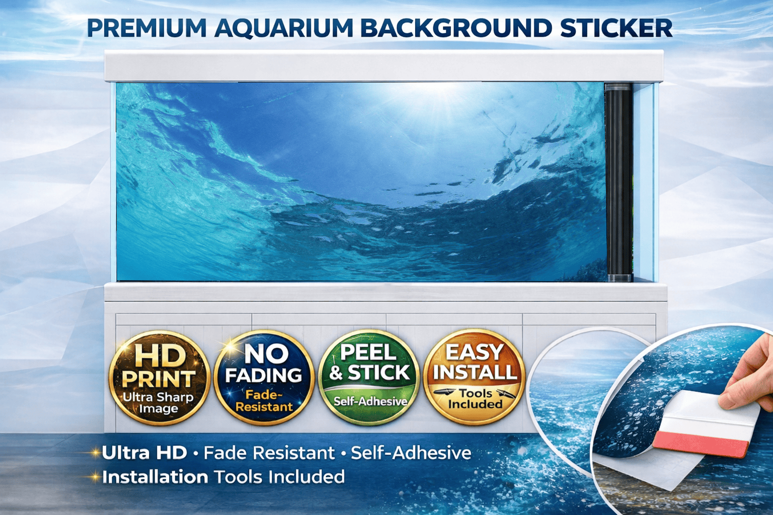 Ultra HD blue water ocean wave aquarium background decal by Aquarium Backround Trung3D, designed for fish tanks and aquatic decor.