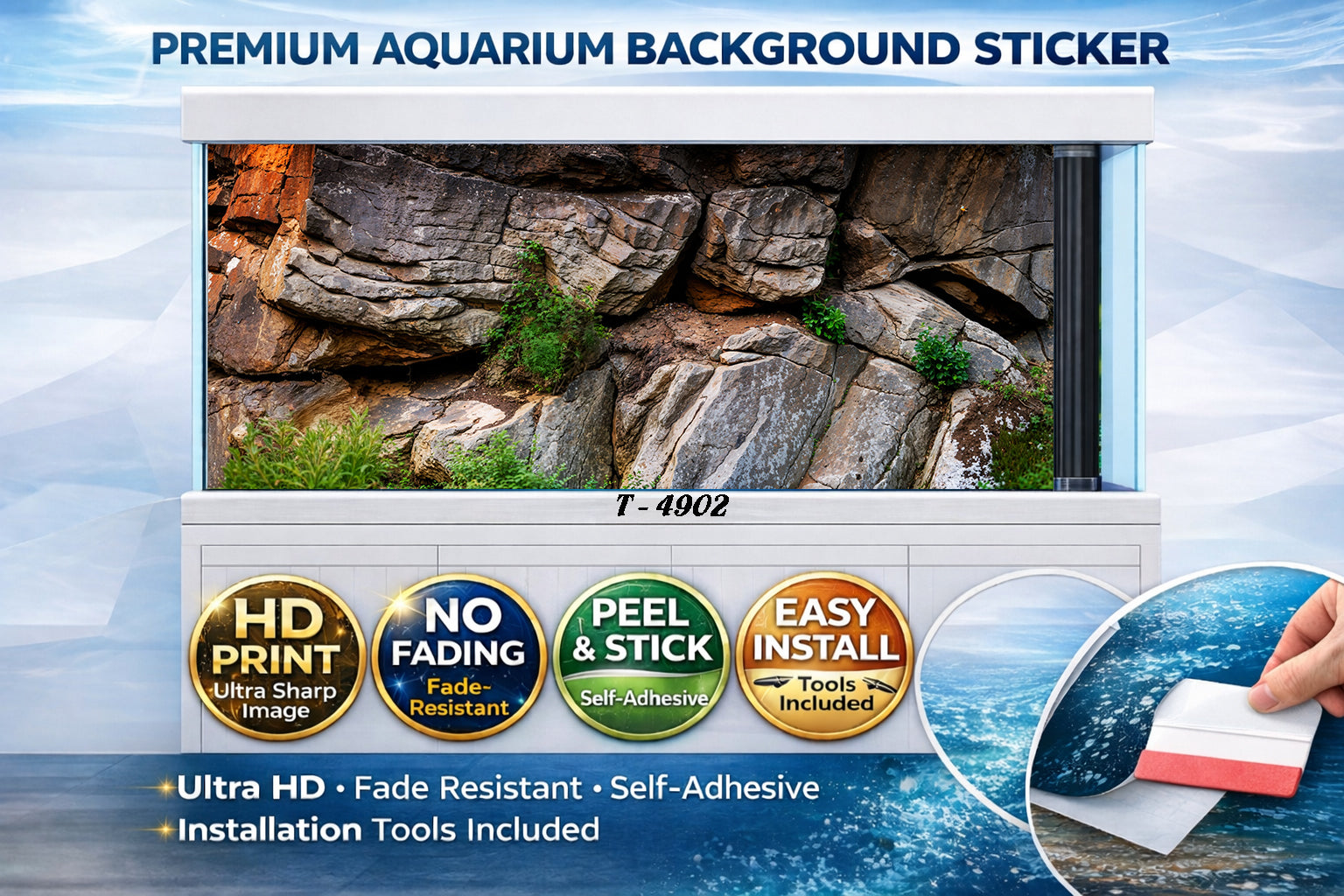 Natural rock cliff aquarium background sticker with green plants, ultra HD self-adhesive decal by Aquarium Background Trung3D.
