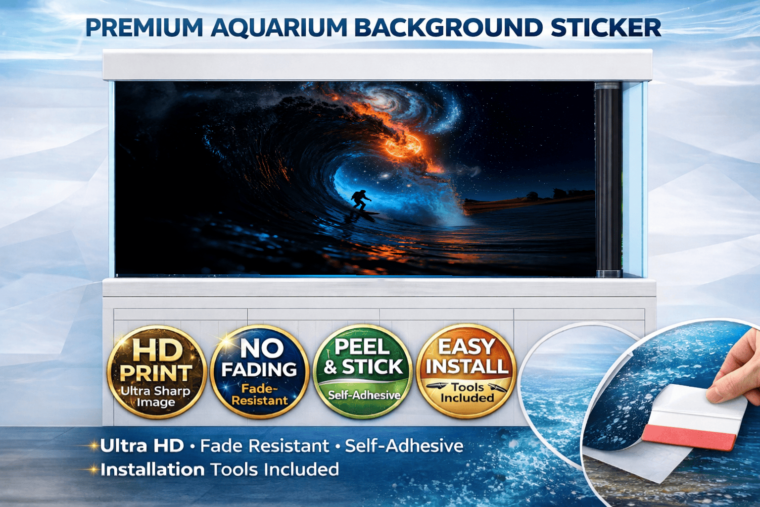 Galaxy Surf Fish Tank Background decal by Aquarium Background Trung3D featuring a space ocean scene for aquariums in HD.