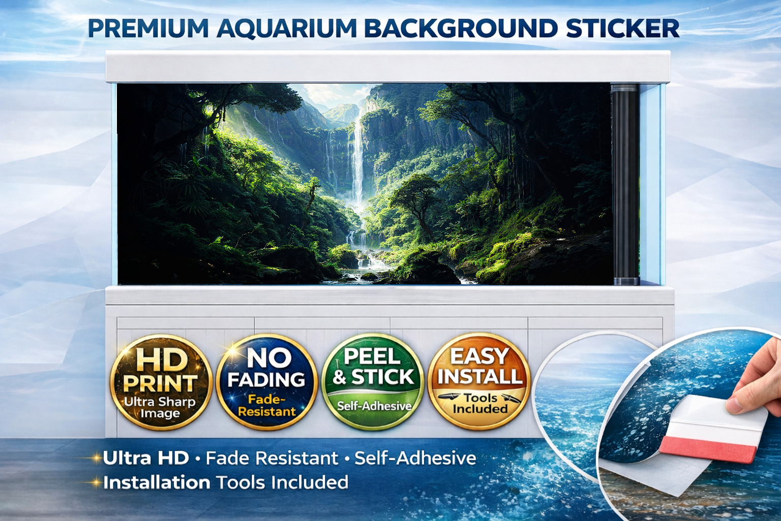 Decorative 3D jungle waterfall aquarium background decal from Aquarium Backround Trung3D, designed for fish tanks.