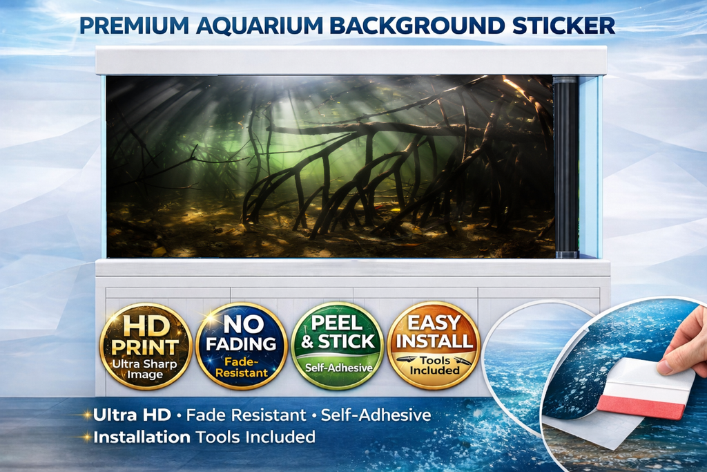 Ultra HD Mangrove Aquarium background decal from Aquarium Background Trung3D, featuring realistic mangrove and aquatic scenery for fish tanks.