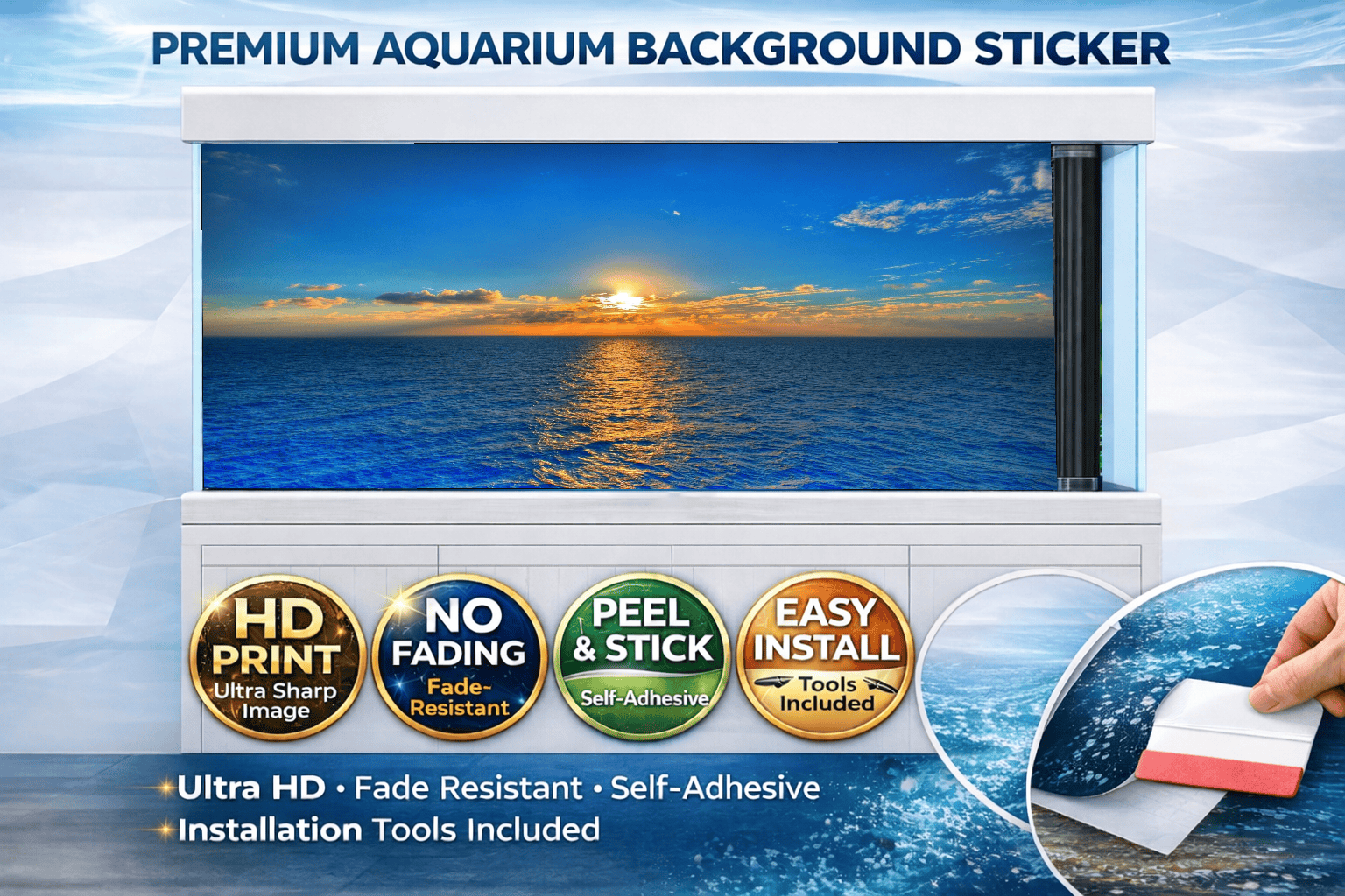Ultra HD Ocean Sunset Aquarium Background decal by Aquarium Background Trung3D, featuring a vibrant sea horizon for fish tanks.