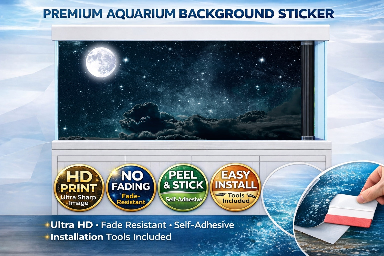 HD starry night sky aquarium background decal by Aquarium Backround Trung3D, featuring a 3D moon and starry sky for fish tanks.