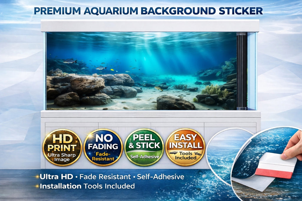 HD 3D ocean floor aquarium background decal by Aquarium Background Trung3D, featuring rocky seabed for fish tanks.