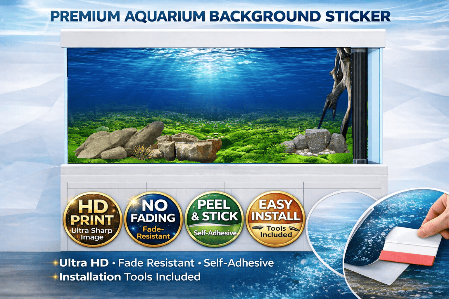 Green Aquarium Background Sticker by Aquarium Backround Trung3D, featuring ultra HD underwater nature scene for fish tank decor.