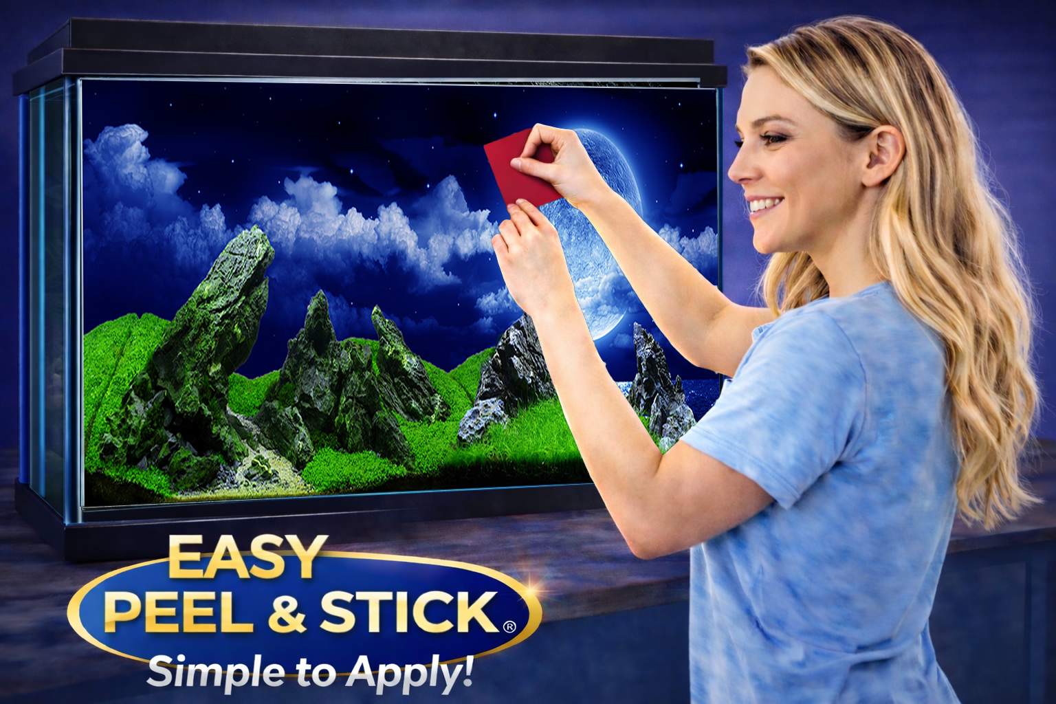 Ultra HD self-adhesive aquarium background sticker featuring a moonlight fantasy landscape for fish tanks.