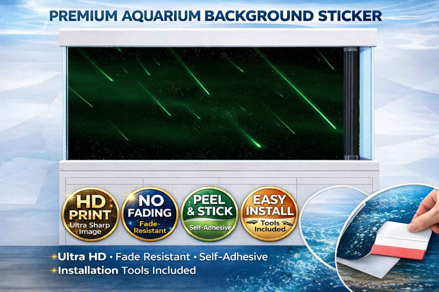 Starry Night Aquarium Background decal by Aquarium Backround Trung3D, featuring a black sky with 3D starry night design for fish tanks.