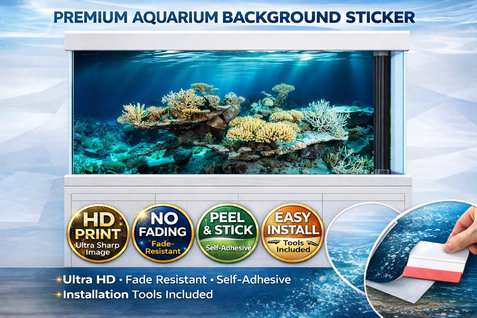 3D coral reef aquarium background decal by Aquarium Backround Trung3D, featuring vibrant ocean fish and coral details for fish tanks.