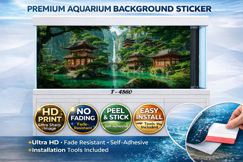 Japanese Temple Waterfall Aquarium Background Sticker Premium Fish Tank Backdrop - Aquarium Backround Trung3D
