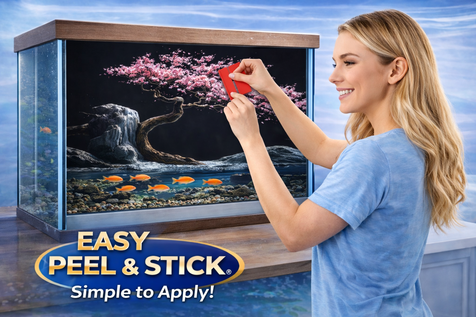 Aquarium Background Sticker – Cherry Blossom Tree with Fish - Aquarium Backround Trung3D