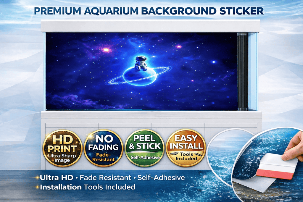 Astronaut planet aquarium background decal showing a galaxy scene, designed for fish tanks by Aquarium Background Trung3D.