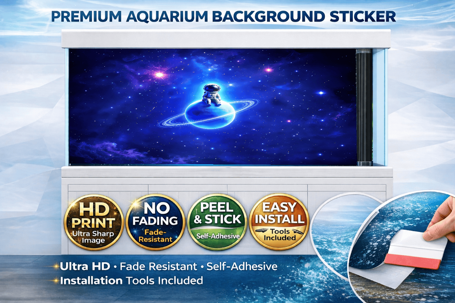 Astronaut Planet Aquarium Background Sticker – Ultra HD Galaxy Fish Tank Wallpaper