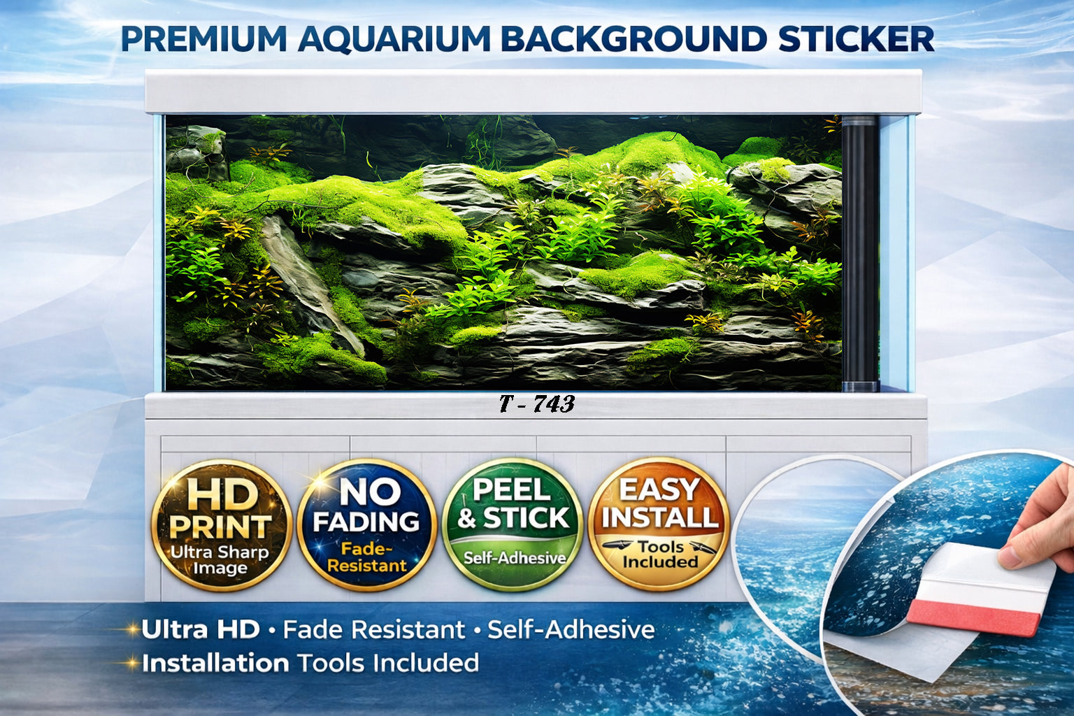 Moss covered rock aquarium background sticker for fish tanks by Aquarium Background Trung3D, featuring ultra HD detail.