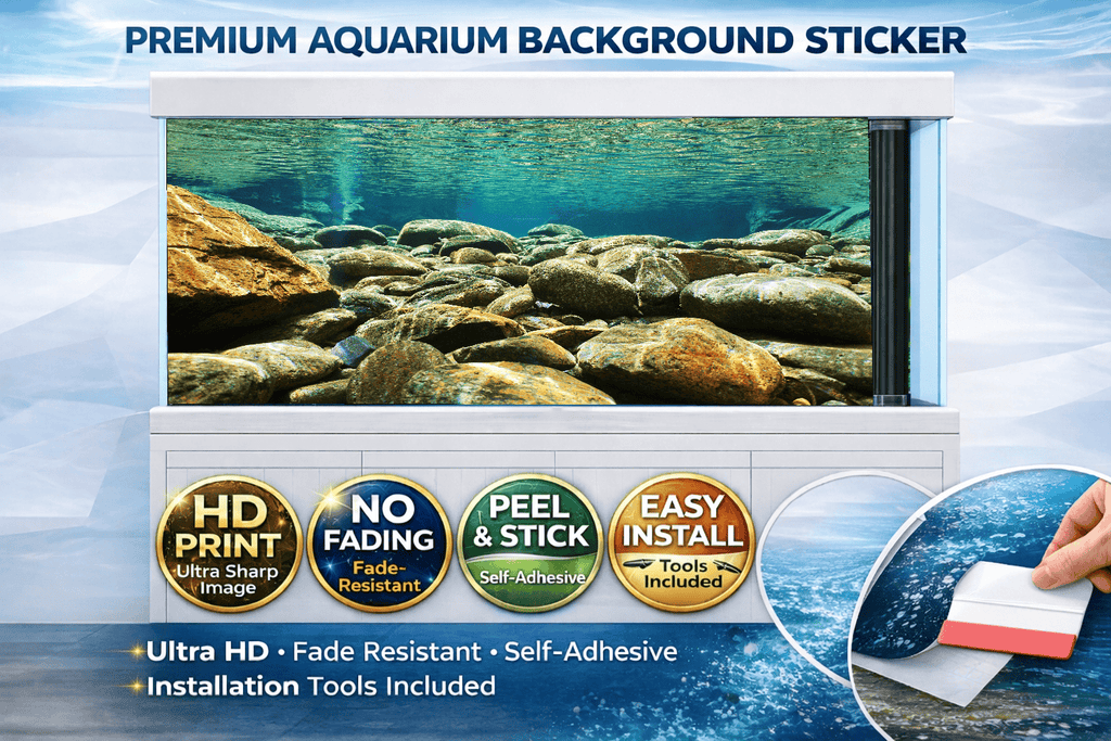 Aquarium Background Trung3D decal featuring an Ultra HD underwater stone fish tank backdrop with realistic underwater rocks and marine scenery.