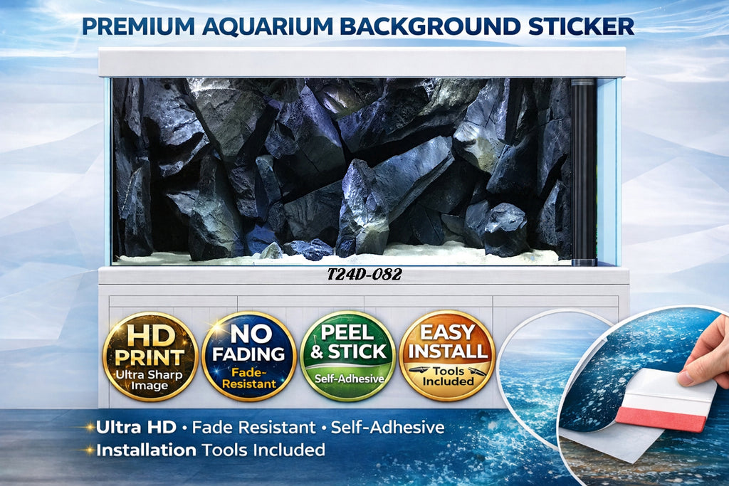 3D realistic black stone wall decal for aquariums, featuring natural rock design by Aquarium Background Trung3D.