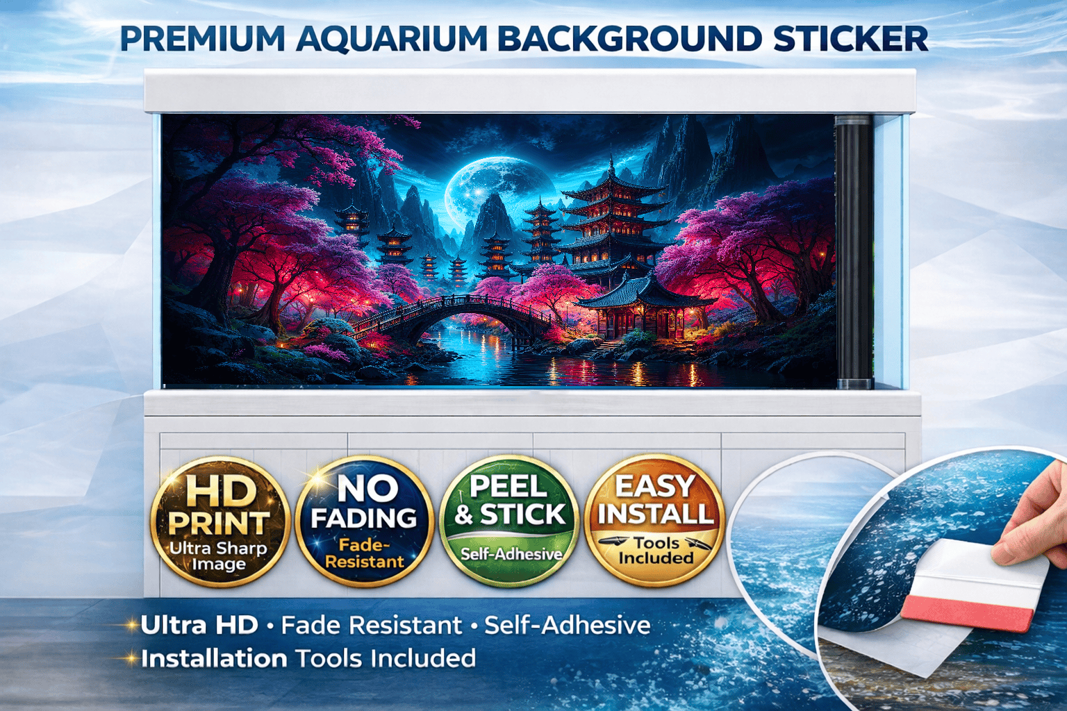 Ultra HD Moonlit Sakura aquarium background decal by Aquarium Background Trung3D, featuring cherry blossoms and Japanese-inspired fish tank scenery.