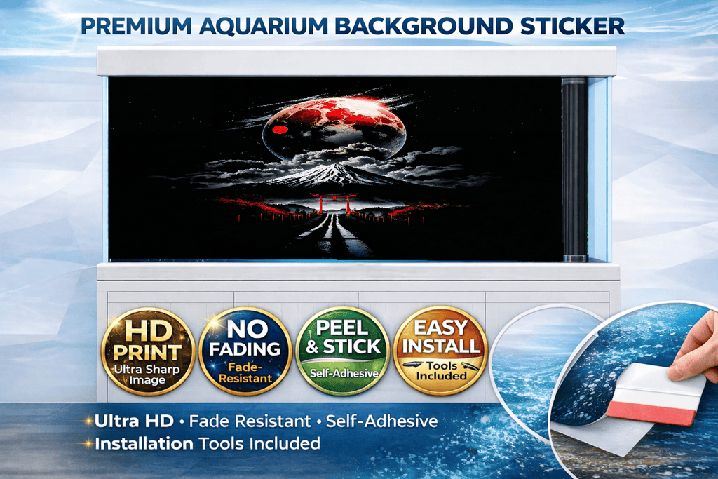 Decorative Mount Fuji fish tank background decal by Aquarium Backround Trung3D featuring a moonlit mountain scene in HD for aquariums.