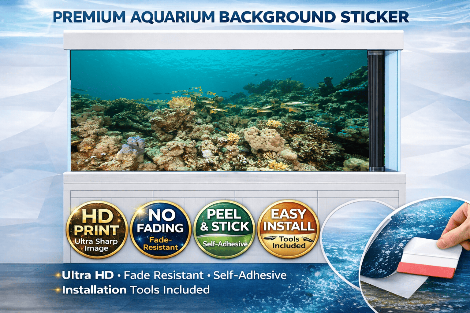 Ultra HD coral reef aquarium background decal featuring vibrant tropical ocean fish for fish tank decor by Aquarium Background Trung3D