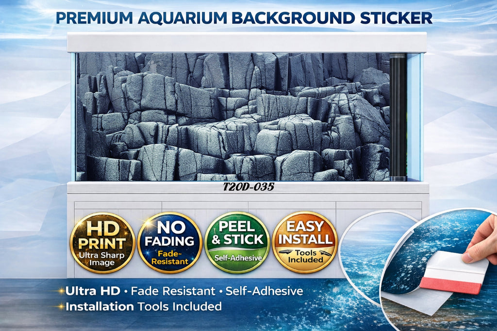 Natural basalt rock cliff aquarium background sticker by Aquarium Background Trung3D, featuring a realistic fish tank backdrop.