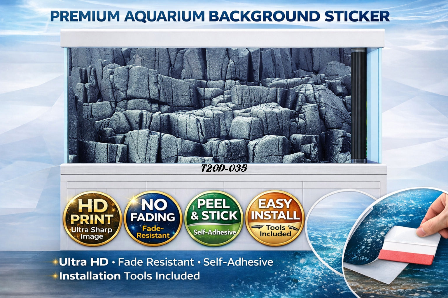 Natural basalt rock cliff aquarium background sticker by Aquarium Background Trung3D, featuring a realistic fish tank backdrop.