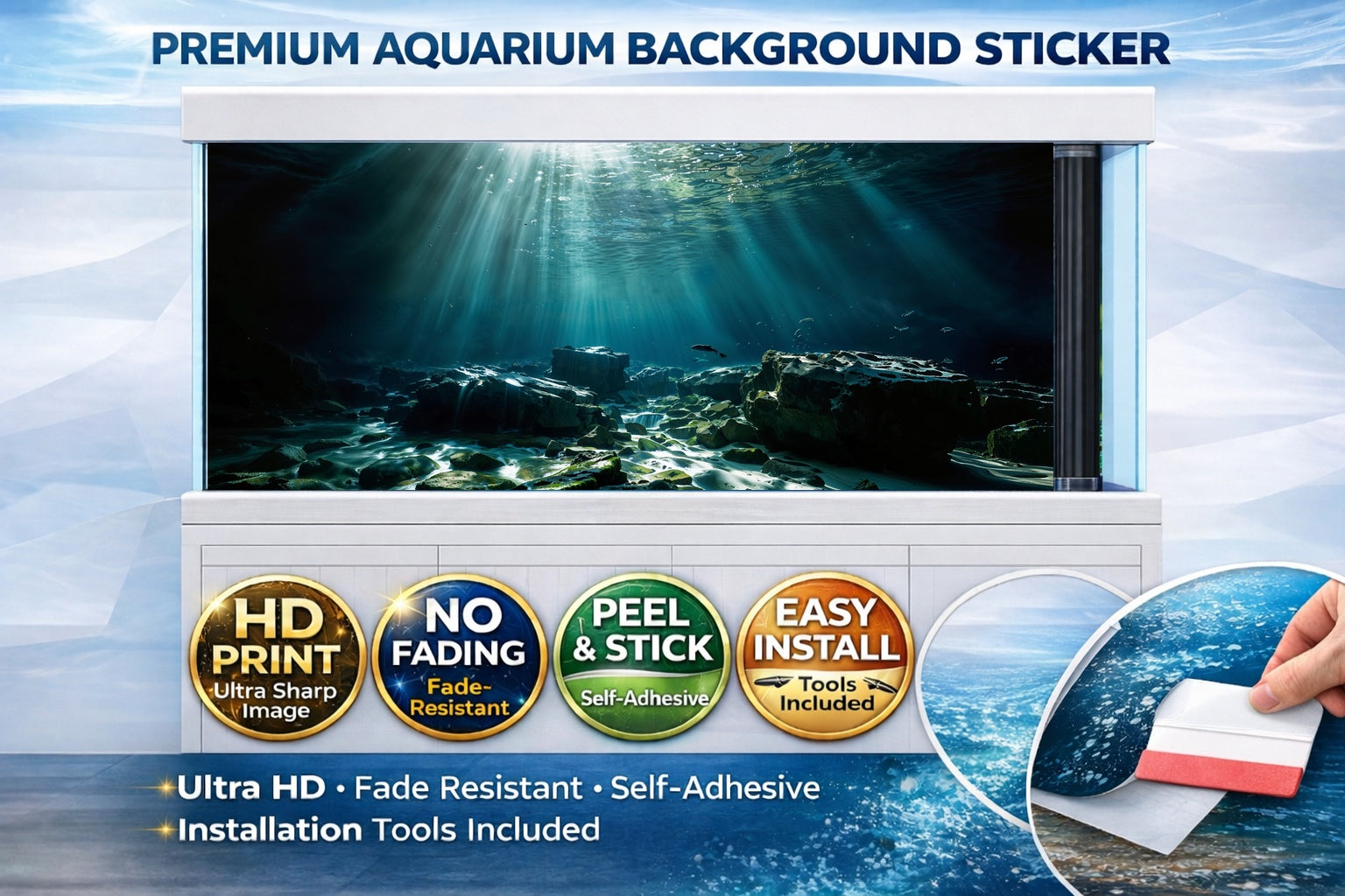 Underwater rock aquarium background decal with HD ocean light rays for fish tanks by Aquarium Background Trung3D.