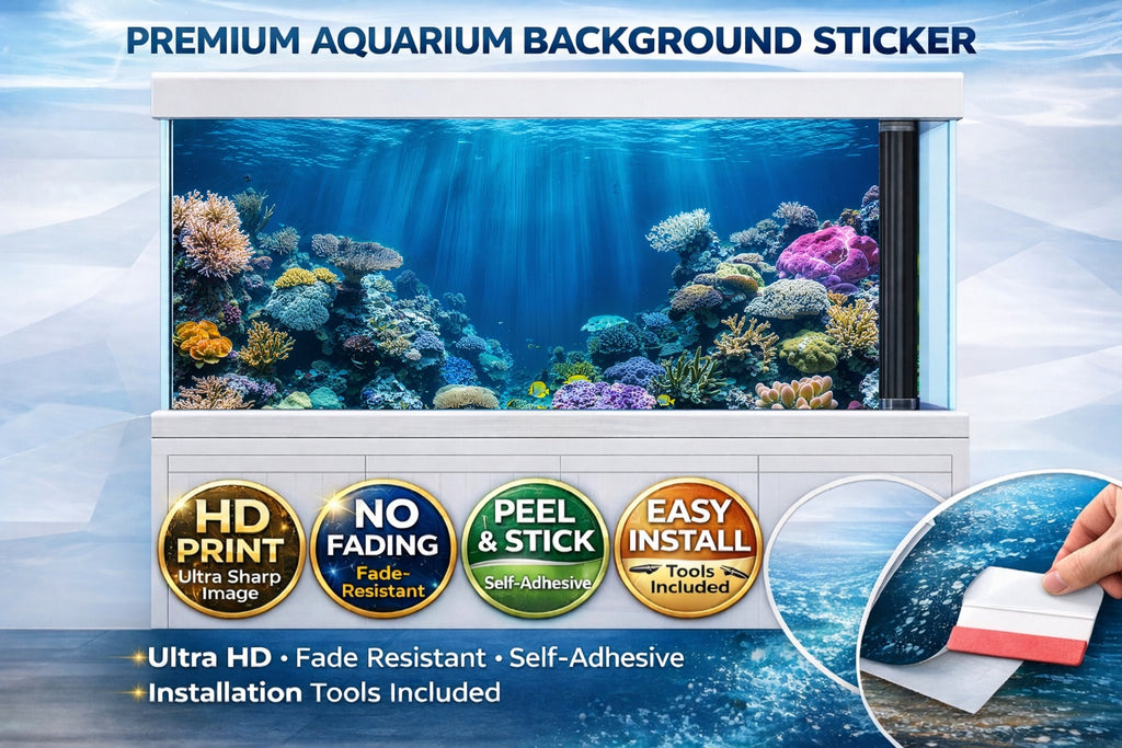 3D Tropical Coral Reef Aquarium Background Decal by Aquarium Backround Trung3D showing vibrant ocean fish and coral reef scene.