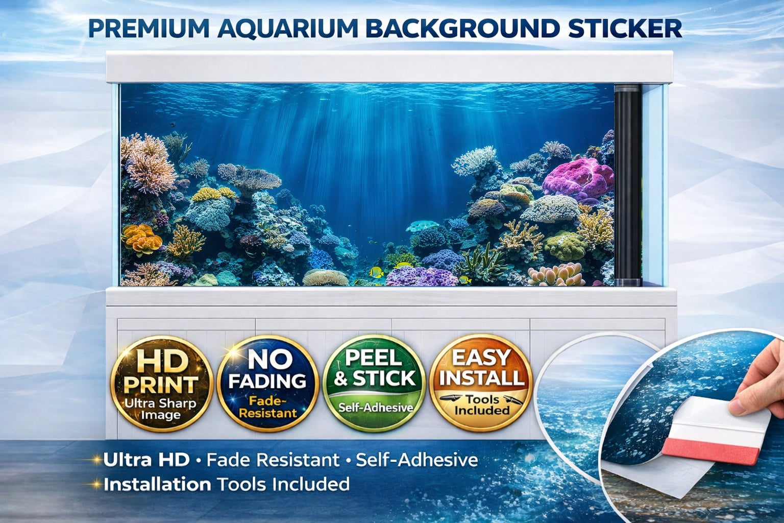 3D Tropical Coral Reef Aquarium Background Decal by Aquarium Backround Trung3D showing vibrant ocean fish and coral reef scene.