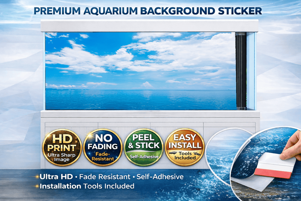 Blue Horizon Aquarium Background decal by Trung3D showing an ultra HD ocean sky with fish tank backdrop decor for aquariums