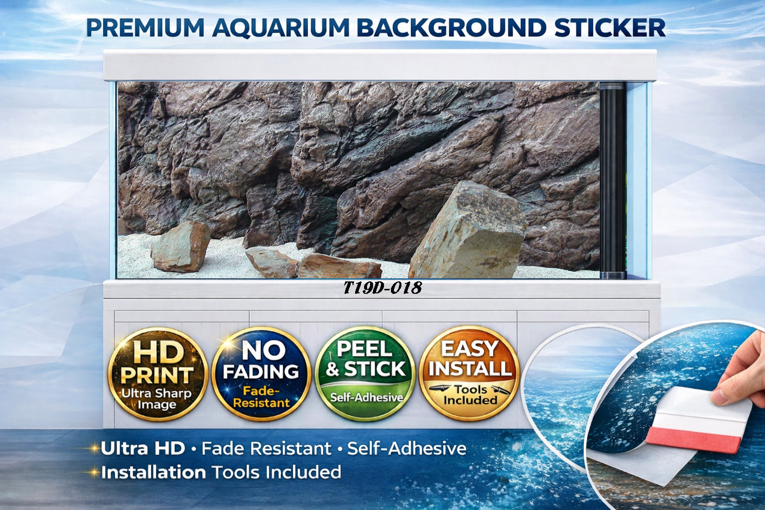 Natural brown rock cliff aquarium background sticker by Trung3D, featuring an ultra HD self-adhesive fish tank backdrop.