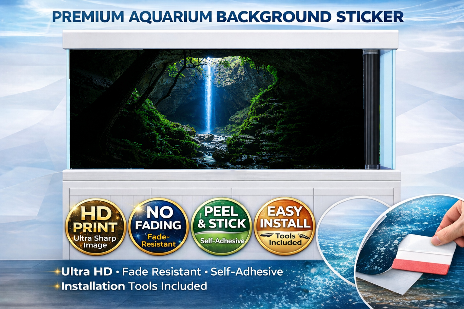 3D waterfall cave aquarium background decal by Aquarium Backround Trung3D, featuring realistic underwater cave and waterfall scene for fish tanks
