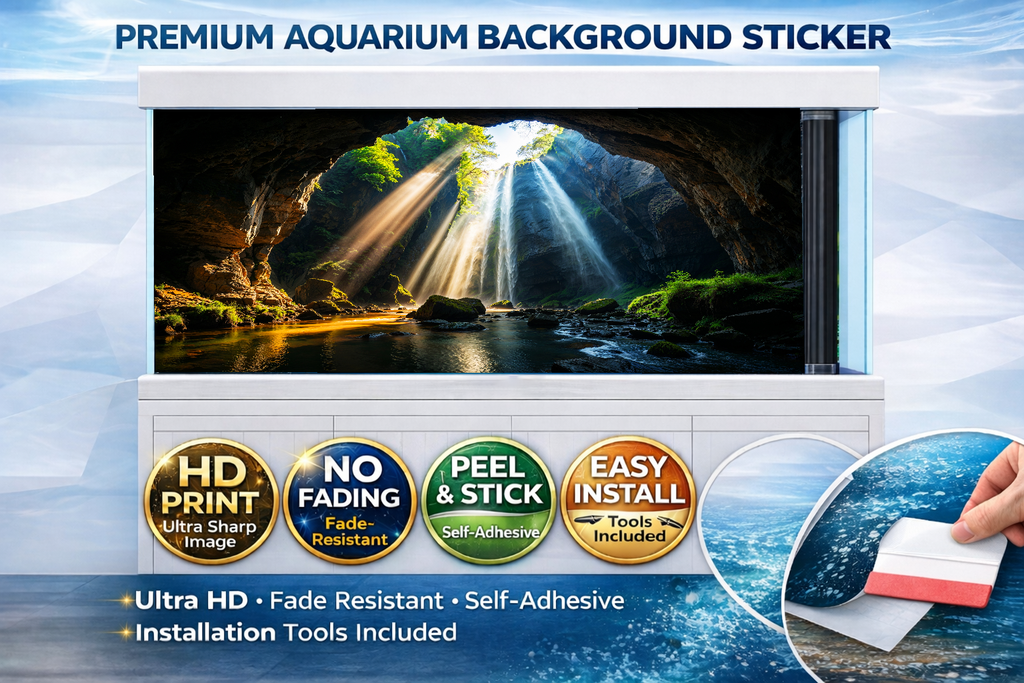 Sunlit waterfall cave Aquarium Backround Trung3D decal for fish tanks, featuring a 3D waterfall and cave design, peel and stick backdrop.
