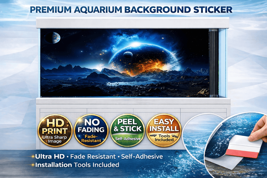 Ultra HD galaxy-themed aquarium background decal by Aquarium Backround Trung3D featuring cosmic horizon design for fish tanks.