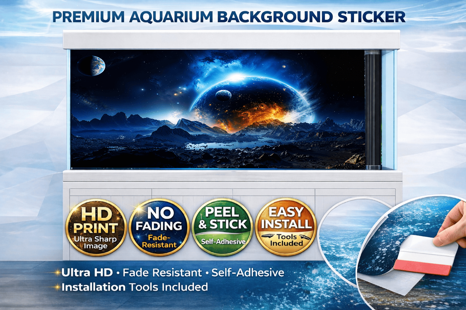 Ultra HD galaxy-themed aquarium background decal by Aquarium Backround Trung3D featuring cosmic horizon design for fish tanks.