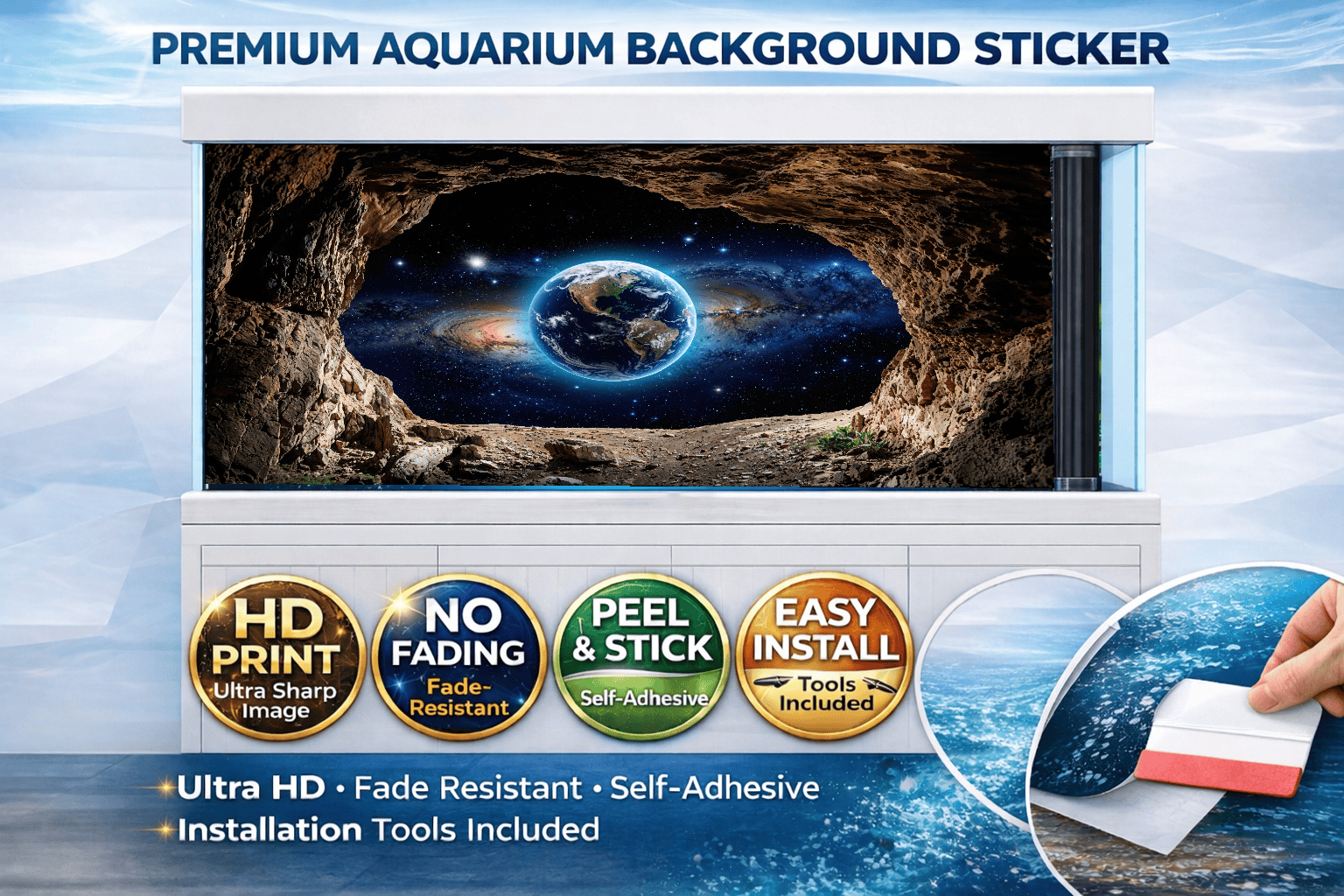 HD Earth Galaxy Fish Tank Background decal featuring a space cave scene for aquarium decoration by Aquarium Backround Trung3D