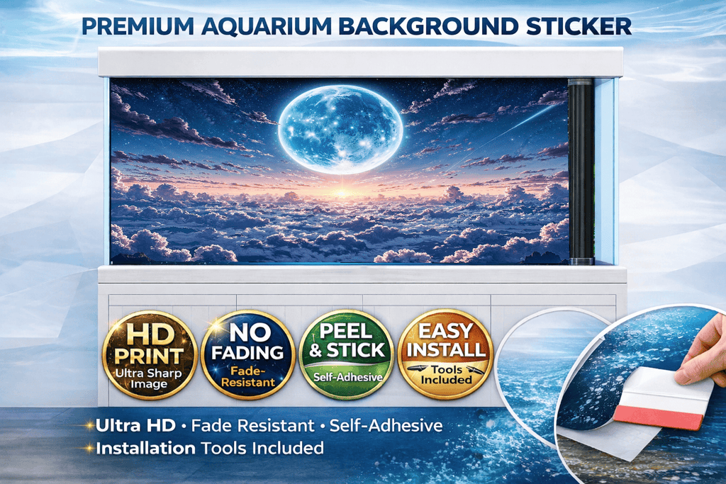 Galaxy nebula fish tank background decal by Aquarium Background Trung3D, featuring vibrant space scene in HD for aquariums.